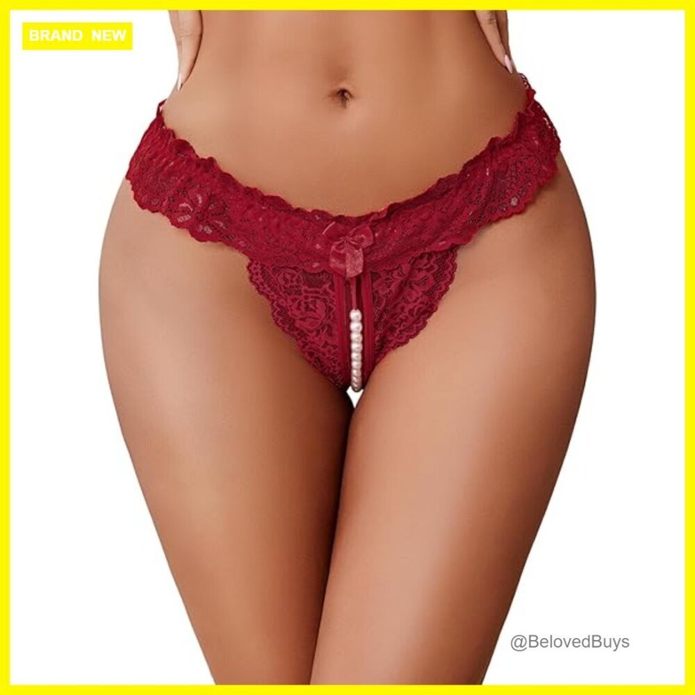 Medium Lace Thong with Pearl Ball Low Waist Panty Nylon Spandex